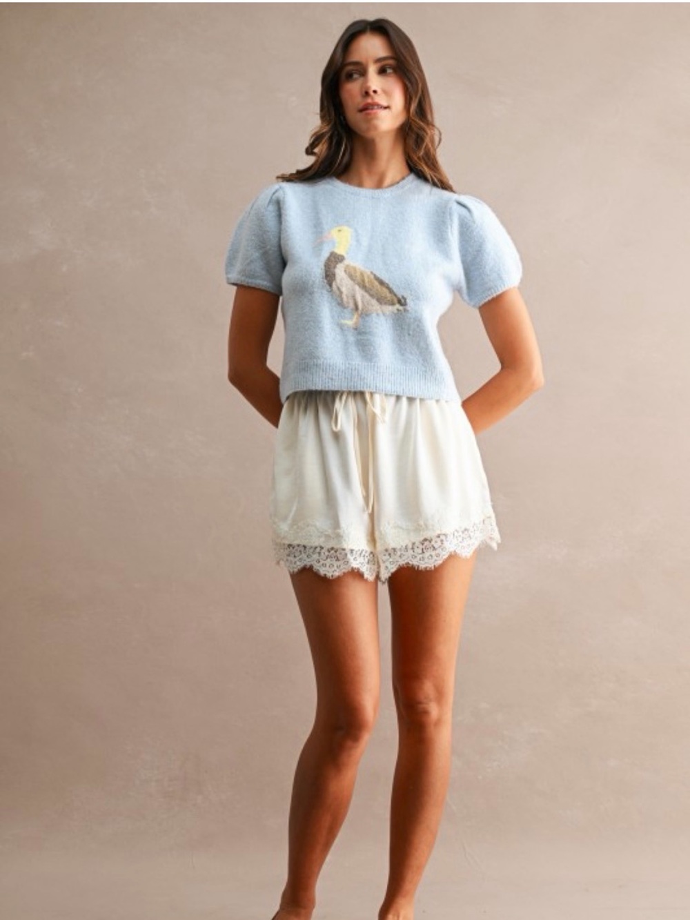 A724. Light Blue Puff-Sleeve Cropped Sweater with Duck Jacquard - Picture 2 of 7